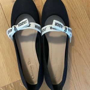 Dior Fabric Ribbon Embroidered J'Adior Ballet Flats 39.5 Black